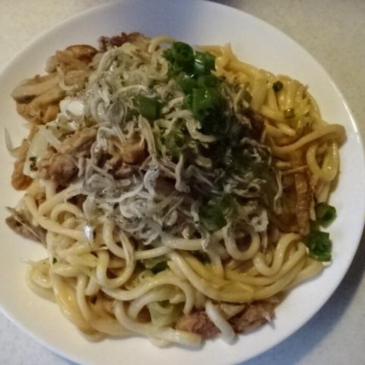 揚げかまぼこと豚小間の焼うどんちりめんかけ